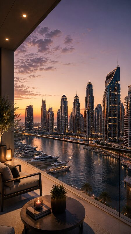 Dubai Marina high-rise towers around the waterfront at dusk